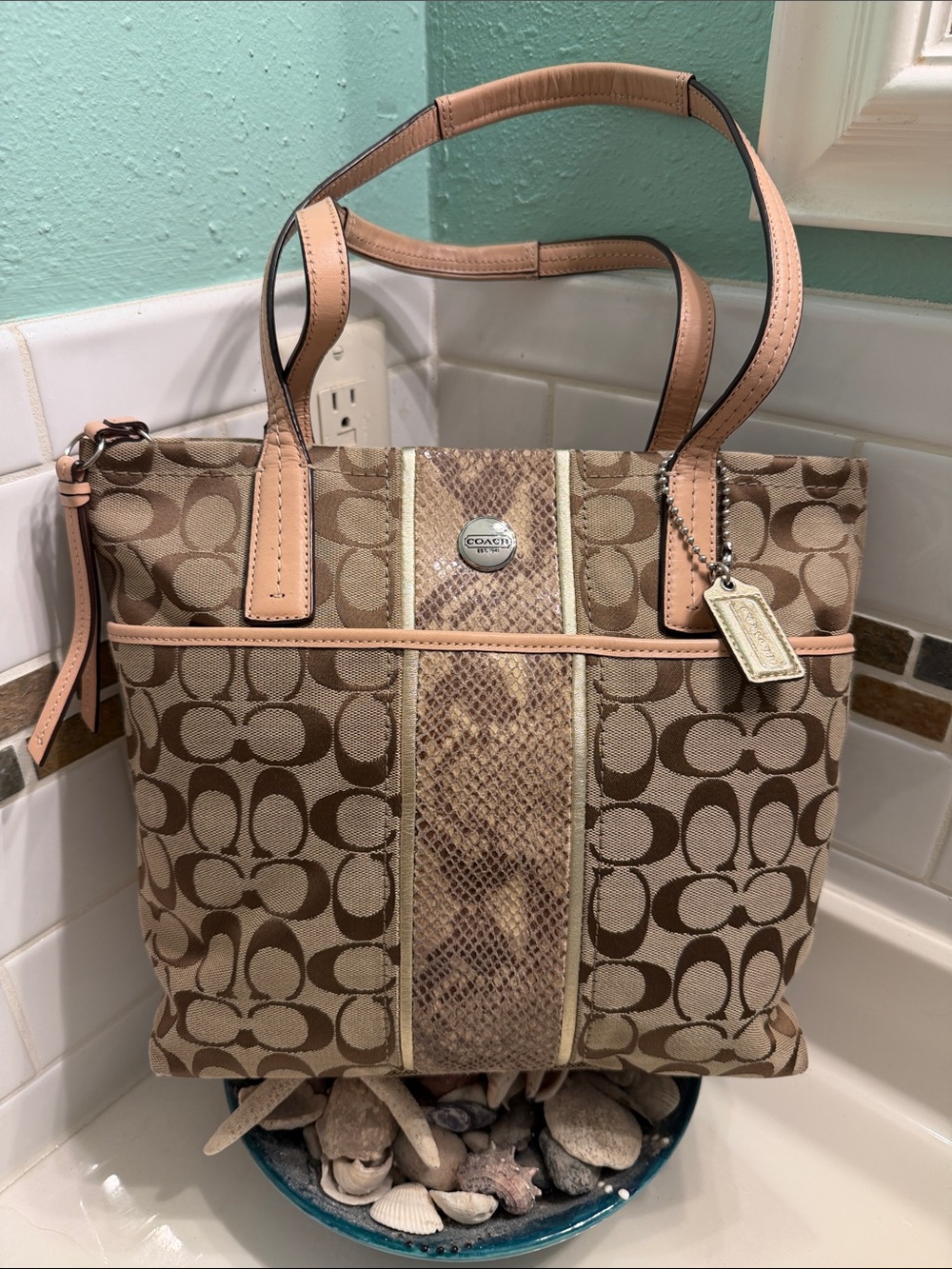 Coach Neutral Signature Tote with Snakeskin Accent